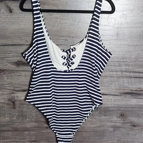 Aerie Striped Ribbed Lace Up Swimsuit Navy and White - Picture 9 of 10